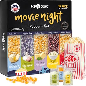 Pop 'N Dulge Movie Night Popcorn Set includes 16 packs with 5 popcorn varieties and 5 seasonings: Classic Salted Butter, Cheesy Garlic Parmesan, Better White Cheddar, Dreamy Creamy Chive.