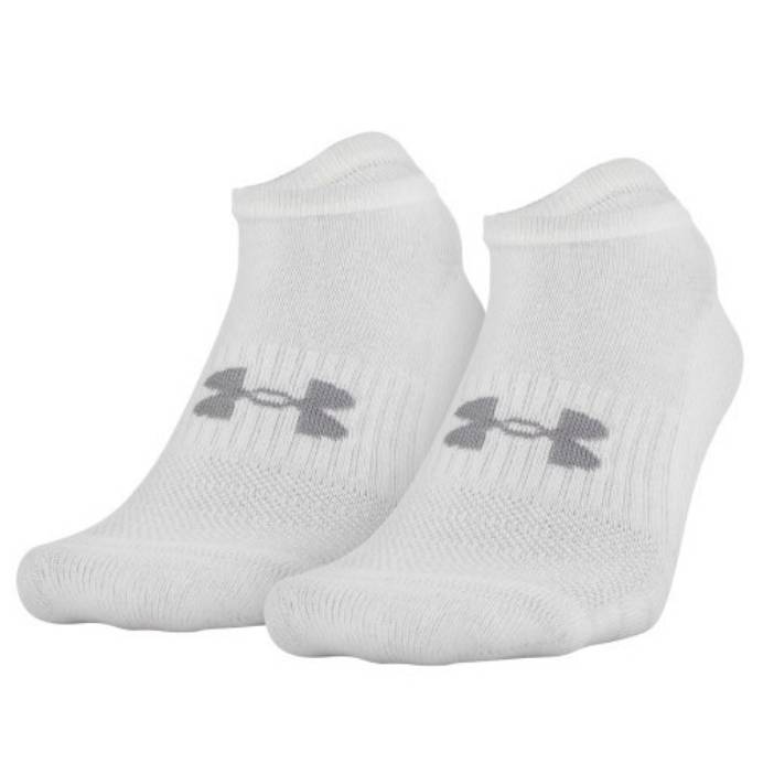 A pair of white Under Armour no-show socks with a gray logo on the top, featuring a low cut designed for minimal visibility when worn with shoes.