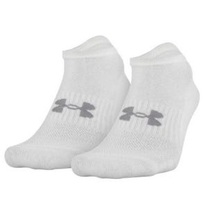 A pair of white Under Armour no-show socks with a gray logo on the top, featuring a low cut designed for minimal visibility when worn with shoes.