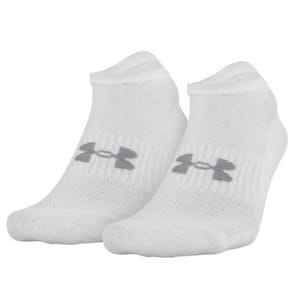 A pair of white Under Armour no-show socks with a gray logo on the top, featuring a low cut designed for minimal visibility when worn with shoes.