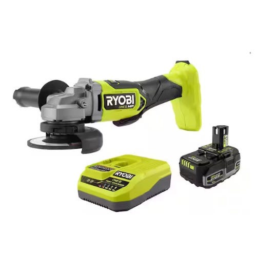 A Ryobi ONE+ cordless angle grinder with a lithium-ion battery and charger.