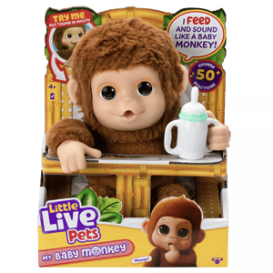 Little Live Pets \“My Baby Monkey\“ toy named Mango, featuring over 50 sounds and reactions, with interactive feeding and thumb-sucking features. Suitable for ages 4 and up.