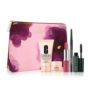 Clinique and Jonathan Cohen collaboration includes a floral makeup bag, Moisture Surge Overnight Mask, All About Eyes cream, lipstick, eyeliner, and mascara.