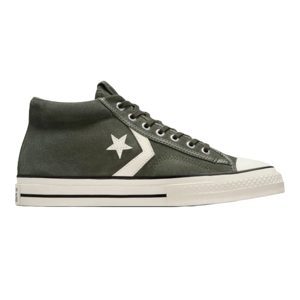 Converse Star Player 76 Shoes in dark green suede feature a high-top design with a white star and chevron logo on the side, metal eyelets, off-white rubber sole with a black stripe, and a classic toe cap.