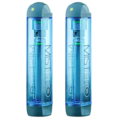 Two blue Mistymate personal misters designed for cooling and hydration, featuring a sleek design with visible tubing and a capacity of 3 ounces each.