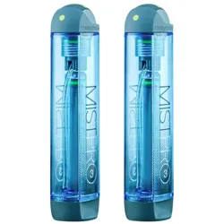 Two blue Mistymate personal misters designed for cooling and hydration, featuring a sleek design with visible tubing and a capacity of 3 ounces each.