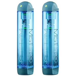 Two blue Mistymate personal misters designed for cooling and hydration, featuring a sleek design with visible tubing and a capacity of 3 ounces each.