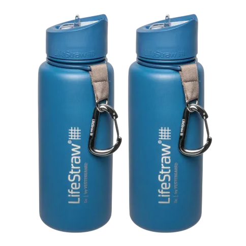 Two blue LifeStraw water bottles with integrated water filters, each featuring a lid, strap, and carabiner for easy carrying.