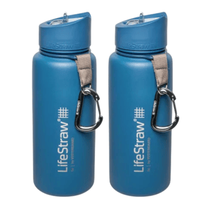 Two blue LifeStraw water bottles with integrated water filters, each featuring a lid, strap, and carabiner for easy carrying.