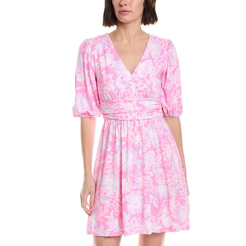 Pink floral dress with puff sleeves, a V-neckline, and an elastic waistband.