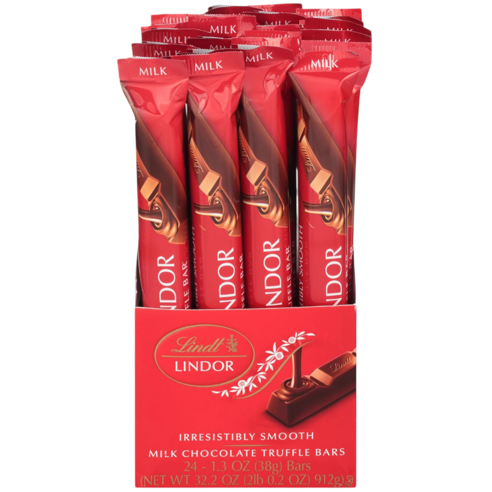 Lindt LINDOR Milk Chocolate Truffle Bars are shown in a display box, containing 24 bars each weighing 1.3 oz (38g), for a total of 32.2 oz (912g).