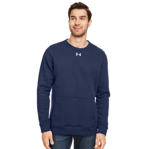 Navy blue Under Armour crew sweatshirt made of cozy fleece, featuring a kangaroo front pocket and the Under Armour logo on the chest.