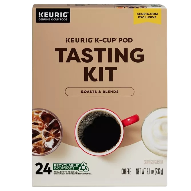 Keurig K-Cup Pod Tasting Kit includes 24 recyclable coffee pods featuring a variety of roasts and blends. The net weight is 8.1 oz (232g), and it's a Keurig.com exclusive.