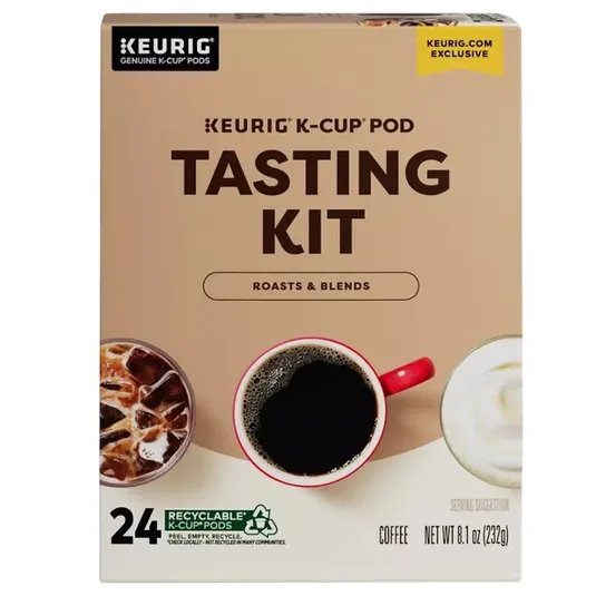 Keurig K-Cup Pod Tasting Kit includes 24 recyclable coffee pods featuring a variety of roasts and blends. The net weight is 8.1 oz (232g), and it's a Keurig.com exclusive.