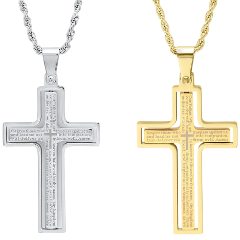 Two cross necklaces, one silver and one gold, each featuring engraved text from the Lord's Prayer.