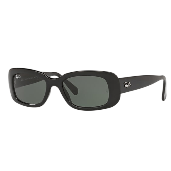 Black rectangular Ray-Ban sunglasses with dark lenses and the Ray-Ban logo on the temple and lens corner.