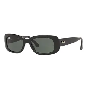Black rectangular Ray-Ban sunglasses with dark lenses and the Ray-Ban logo on the temple and lens corner.