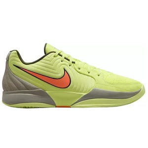 A lime green and gray athletic shoe with a prominent red Nike swoosh on the side, featuring a textured and padded design for comfort and support.