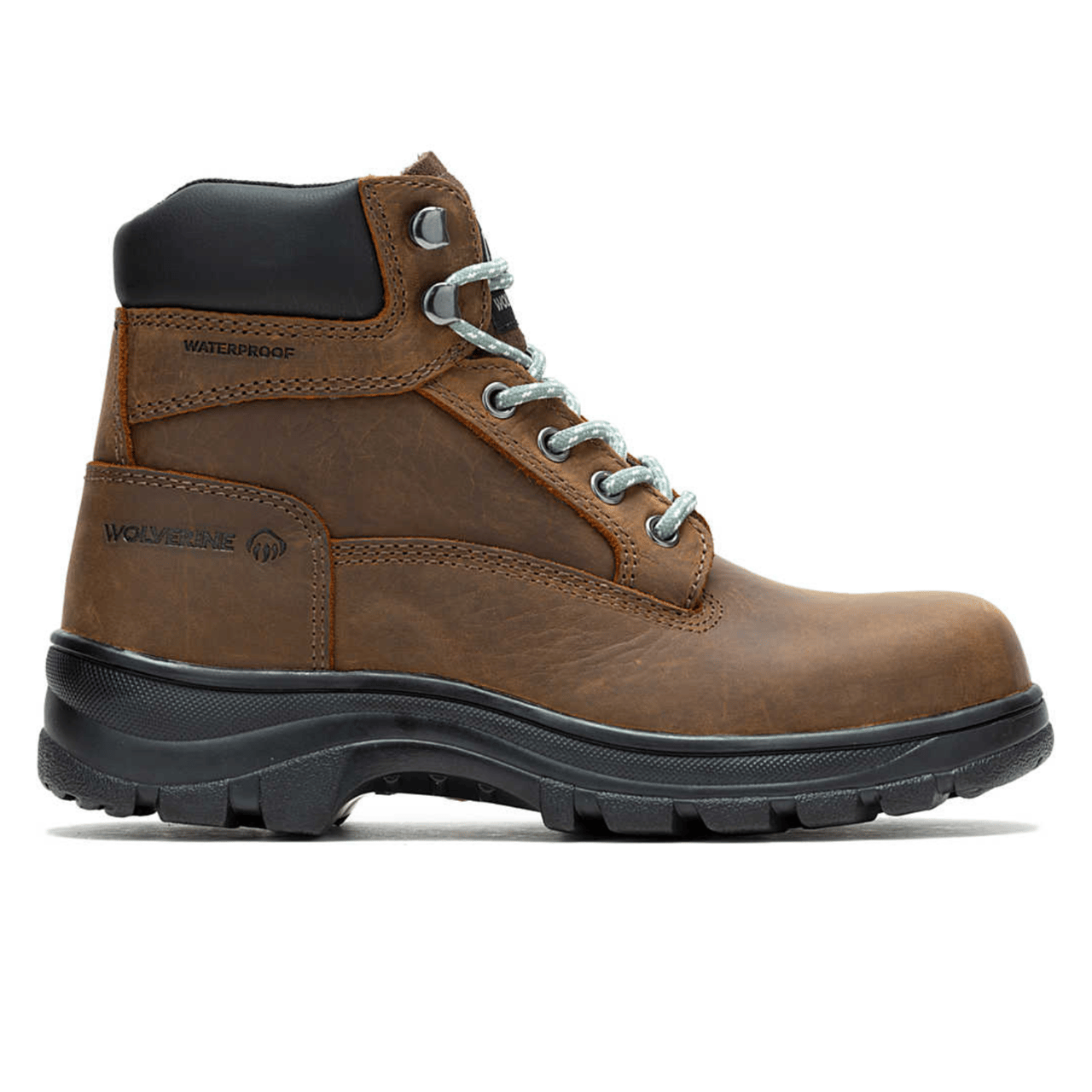 Wolverine women's waterproof brown leather work boots with a padded collar, metal eyelets for laces, and a rugged black rubber sole designed for durability and comfort.