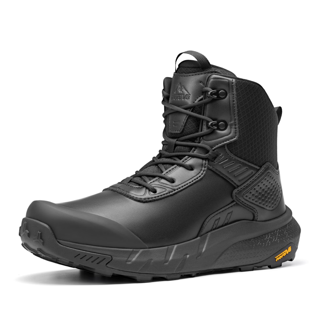 Black tactical-style high-top boot with a reinforced toe, cushioned sole, and loop pull tab.