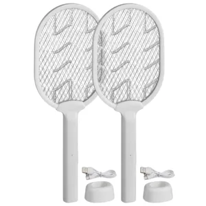 Two white electric fly swatters with charging bases and USB cables.