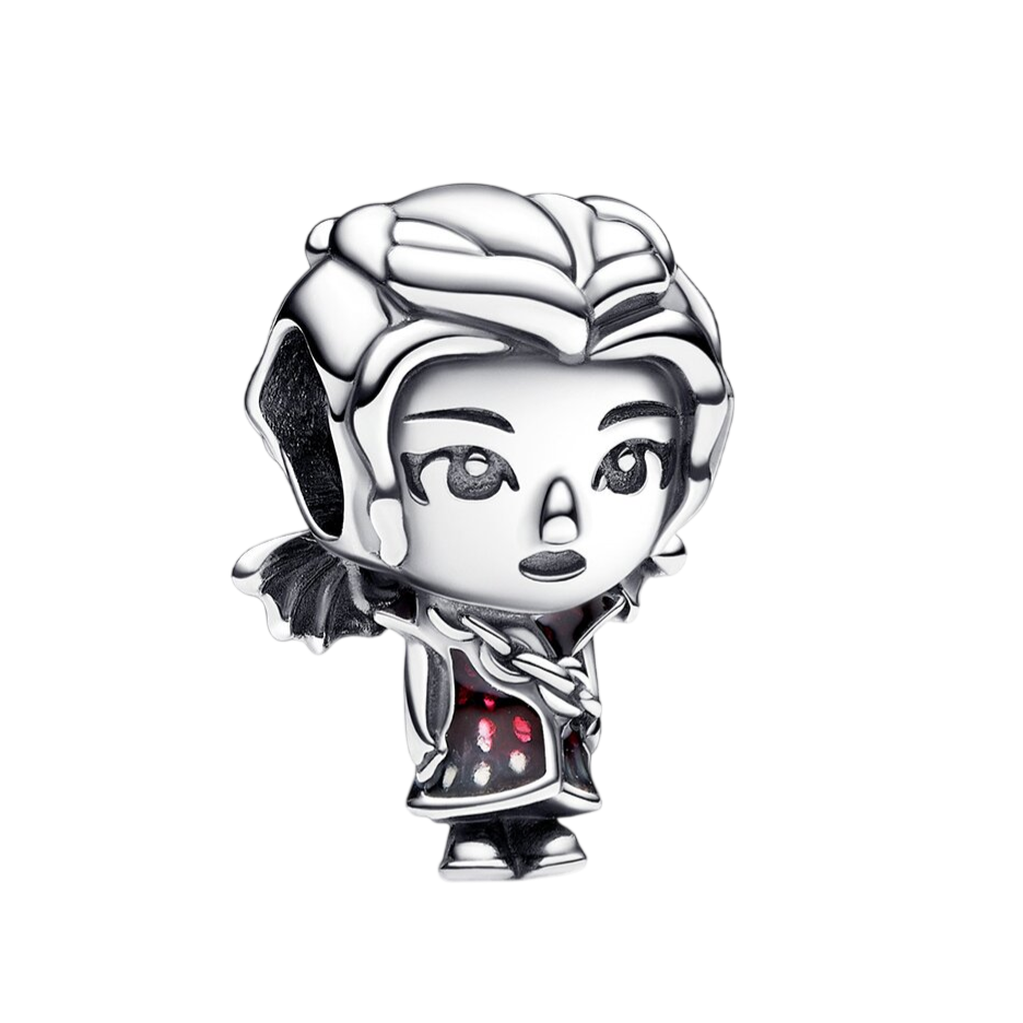 A silver charm resembling a small, stylized doll with detailed hair and a costume featuring red accents, along with a tiny pair of bat wings on the back.