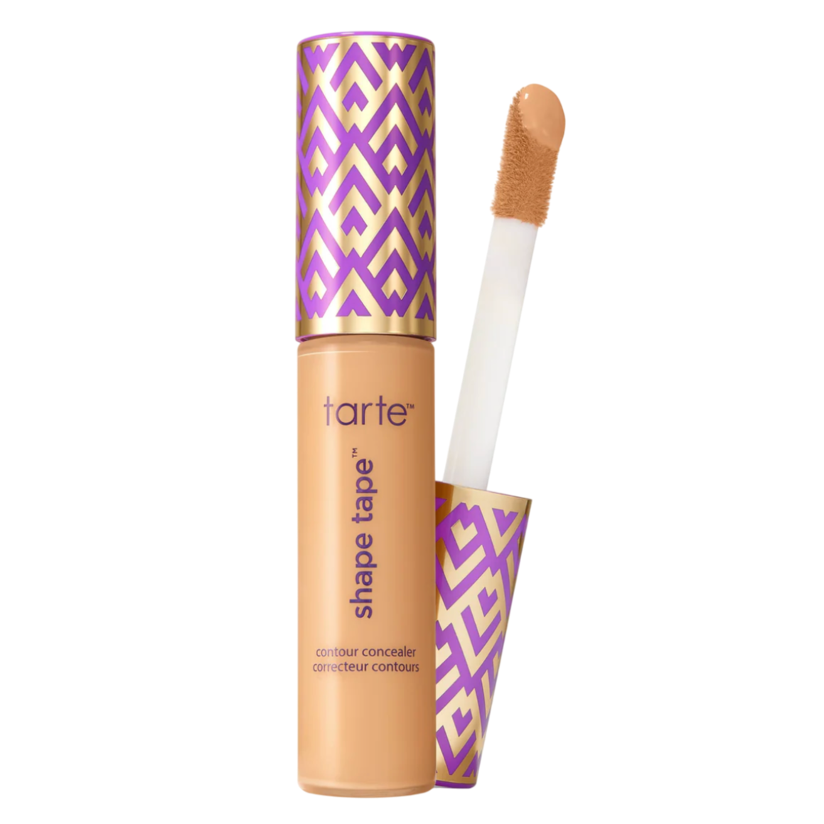 Tarte Shape Tape Contour Concealer with a purple and gold geometric pattern on the cap, featuring a doe-foot applicator.
