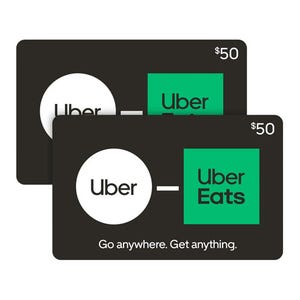 Two $50 gift cards for Uber and Uber Eats with a black background and the text \“Go anywhere. Get anything.\“