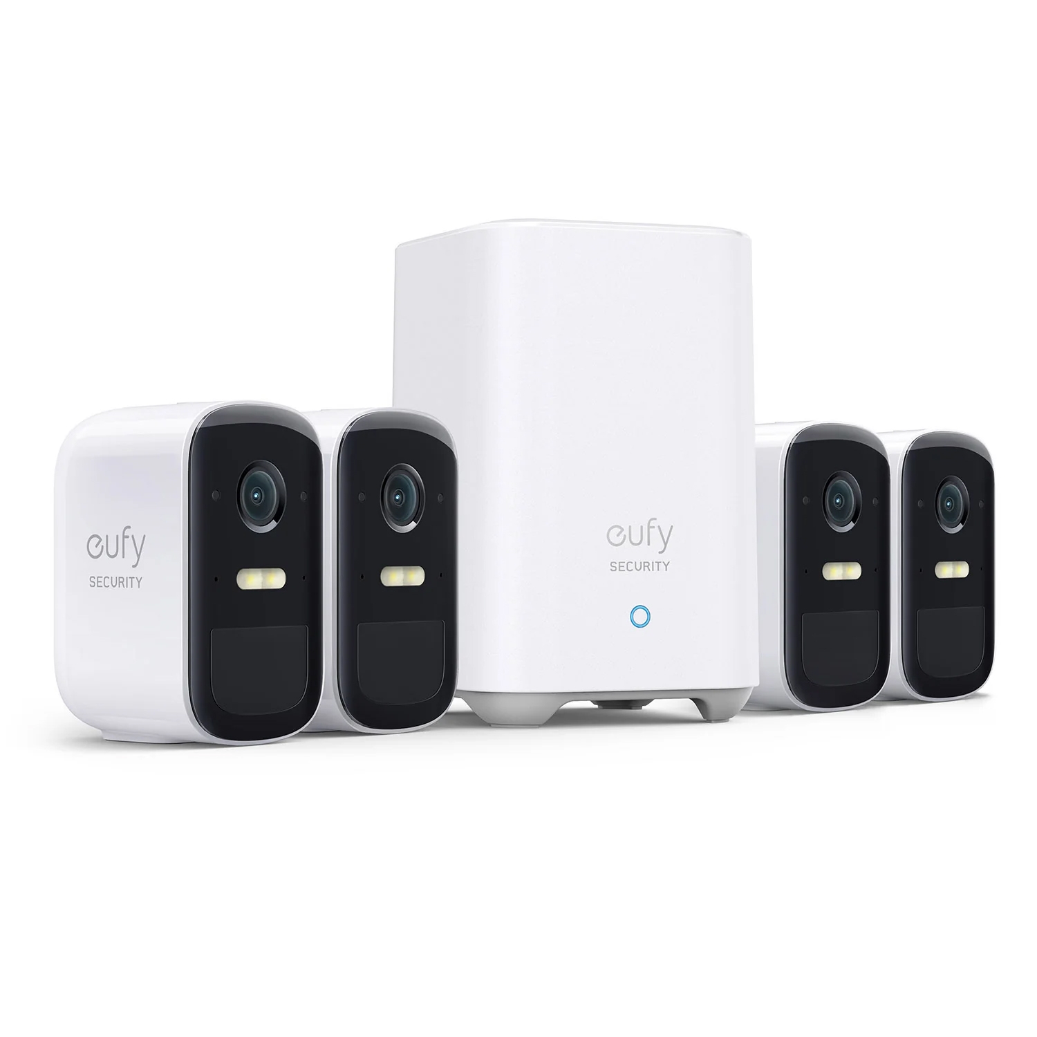 A Eufy home security system comprising a central hub and three wireless cameras.