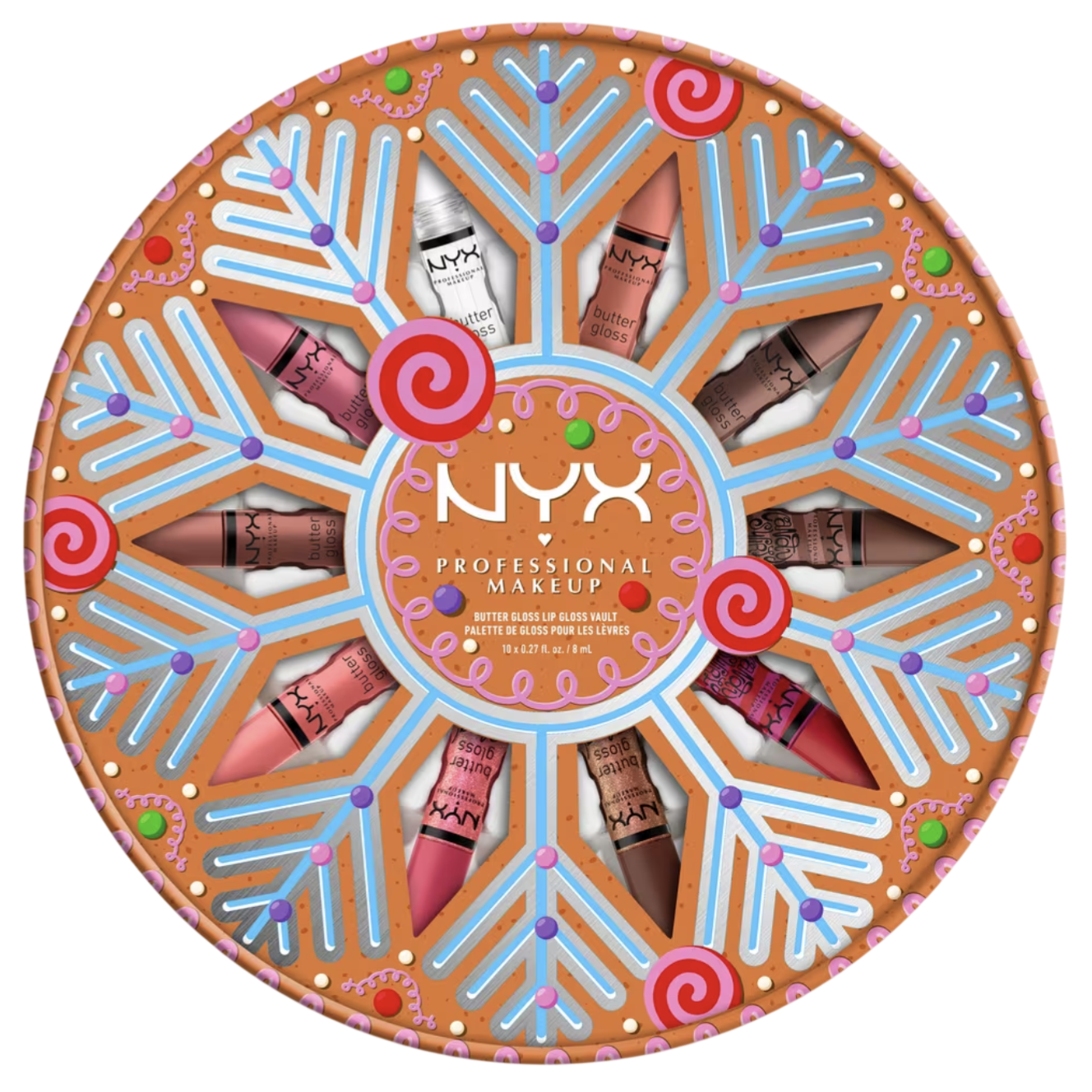 NYX Professional Makeup set featuring 10 Butter Gloss lip glosses in assorted shades, presented in a round, colorful packaging with a gingerbread theme.