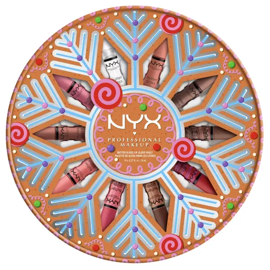 NYX Professional Makeup set featuring 10 Butter Gloss lip glosses in assorted shades, presented in a round, colorful packaging with a gingerbread theme.