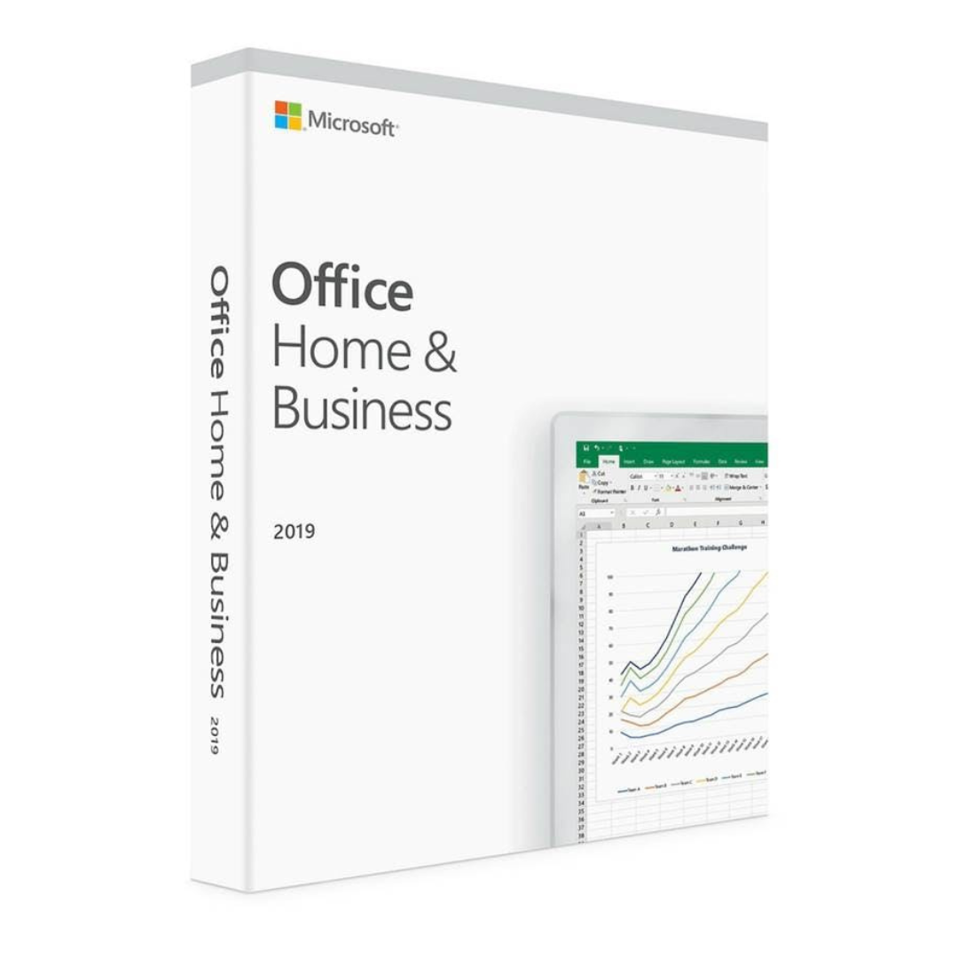 Microsoft Office Home & Business 2019 software box featuring Excel spreadsheet graphics.