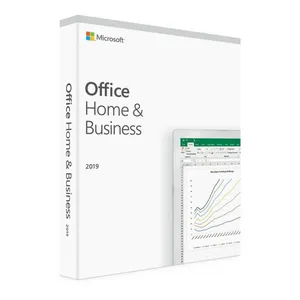 Microsoft Office Home & Business 2019 software box featuring Excel spreadsheet graphics.