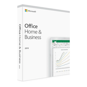 Microsoft Office Home & Business 2019 software box featuring Excel spreadsheet graphics.