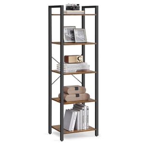 A tall, narrow bookshelf with a black metal frame and wooden shelves, featuring items like a vintage camera, framed photos, books, and decorative objects.