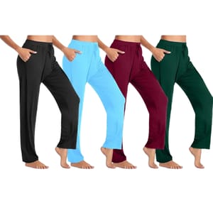 A set of four cotton lounge pants in black, light blue, burgundy, and dark green, featuring an elastic waistband, drawstring, and pockets.