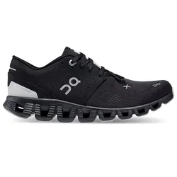 A black athletic shoe with a distinctive sole pattern and \“On\“ branding, designed for sports or running activities.