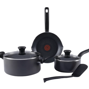 A non-stick cookware set including a frying pan, saucepan, and a cooking pot with lids, all featuring black handles. There's also a black spatula included.