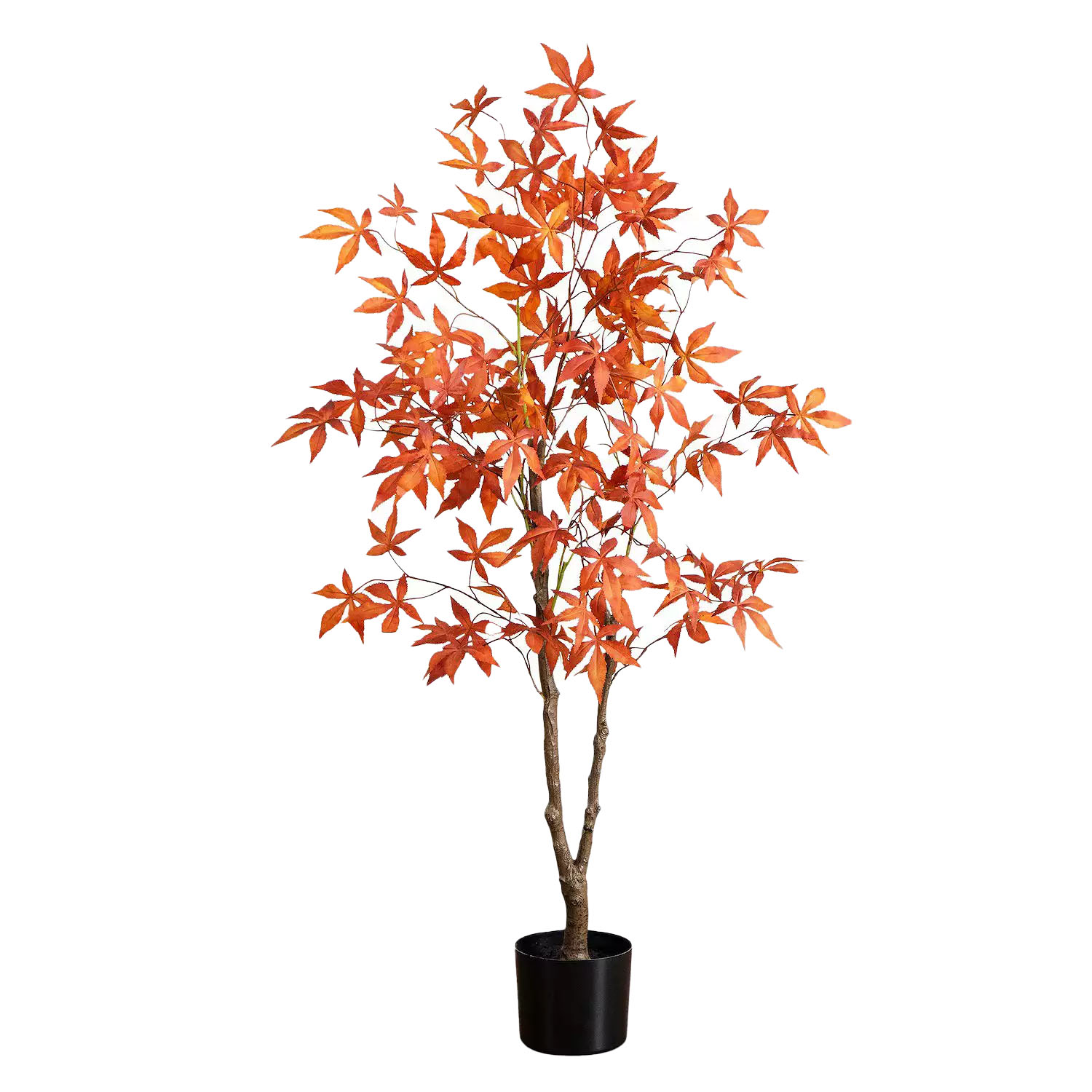 Artificial maple tree with vibrant orange leaves in a black pot.