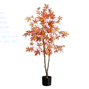 Artificial maple tree with vibrant orange leaves in a black pot.