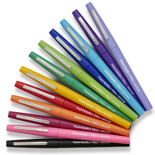 A set of colorful Paper Mate Flair felt-tip pens fanned out against a white background.