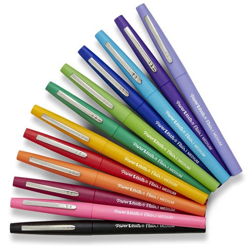 A set of colorful Paper Mate Flair felt-tip pens fanned out against a white background.