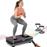 A woman exercises on a vibrating platform while holding a squat position. The platform comes with resistance bands and a remote control.