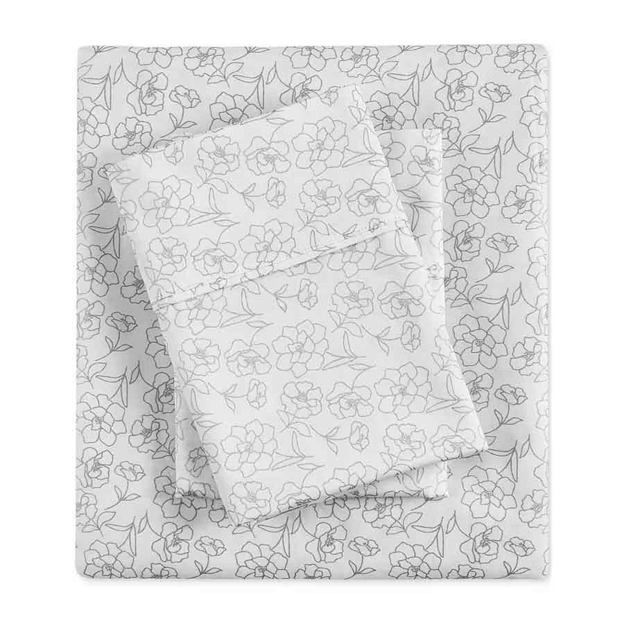 300TC Cotton-Blend Sheet Sets with a floral outline pattern, featuring a flat sheet, fitted sheet, and pillowcase(s). The sheets are white with a subtle, delicate black floral design.