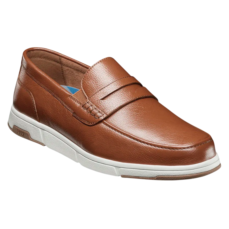 Brown leather loafer with a white sole, featuring a simple penny loafer design and casual style.