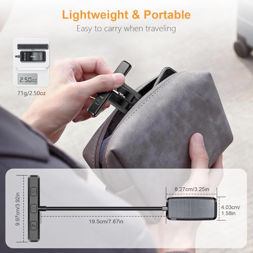 Lightweight and portable device weighing 71g (2.50oz), dimensions: 19.5cm x 9.7cm x 4.03cm, shown to fit easily into a small travel pouch.