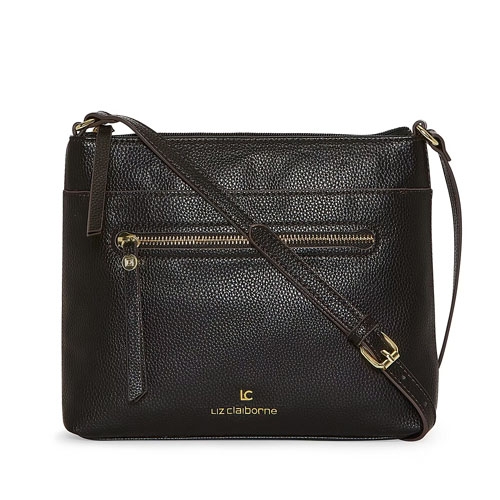 Black Liz Claiborne Penny Crossbody bag with a pebbled texture, featuring a front zip pocket, adjustable strap, and gold-tone hardware accents.