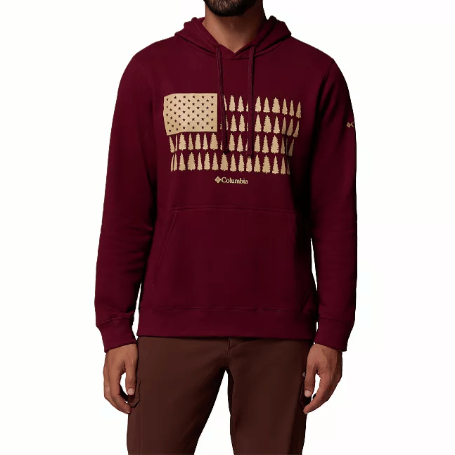 Maroon Columbia hoodie featuring a graphic design of an abstract flag with tree silhouettes and stars, including a front pouch pocket and drawstring hood.