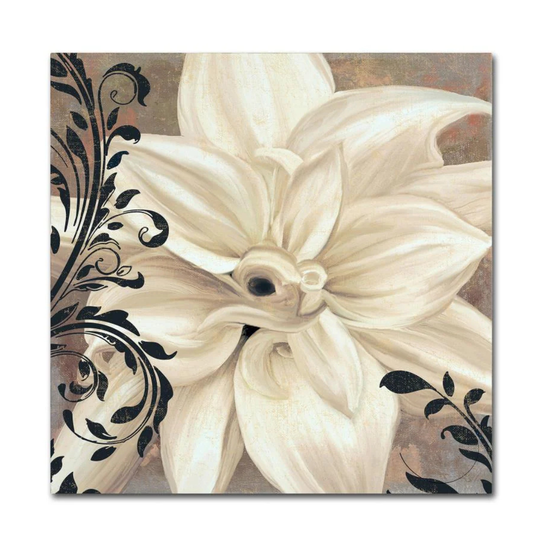 Canvas print featuring a detailed white flower with black decorative swirls on the left side.