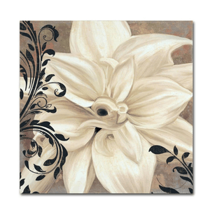 Canvas print featuring a detailed white flower with black decorative swirls on the left side.